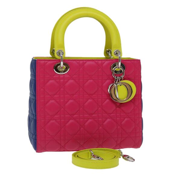 DIOR Lady DIOR Canage Hand Bag Lamb Skin Blue Pink - Picture 1 of 14